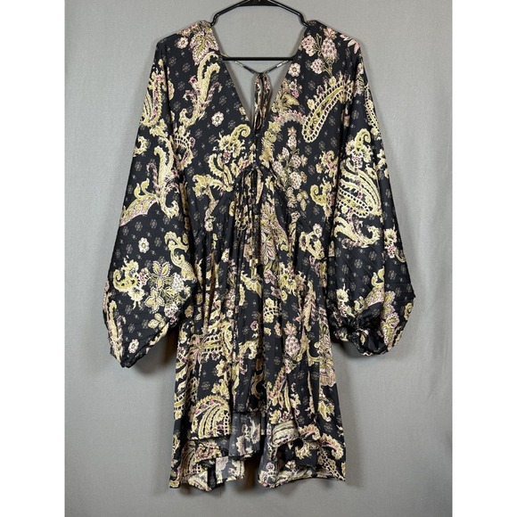 Free People Dresses & Skirts - Free People Arzel Mini Dress Black Combo Paisley Festival Boho V Neck XS